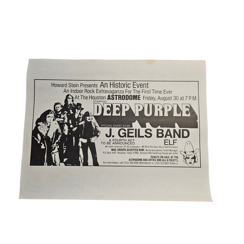 Howard Stein Deep Purple J Geils Band Elf 1970's Concert Flyer 8.5x11 Houston